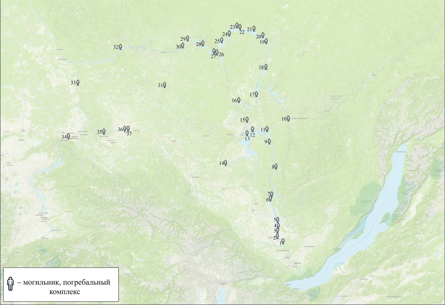 Карта Байкало-Енисейской Сибири с погребальными комплексами, предварительно датируемых средним неолитом